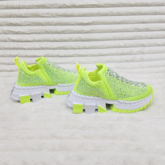 Presto Light Weight Slip on Neon Yellow Rhinestone Sneakers - Running Shoes J - Picture 1 of 14